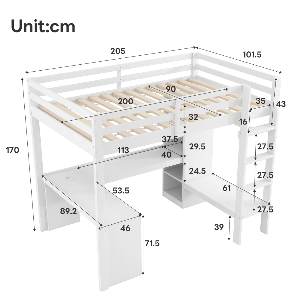 Letto a soppalco 90 × 200 cm con scrivania integrata, ripiani multifunzione, LED e USB, senza materasso, bianco
