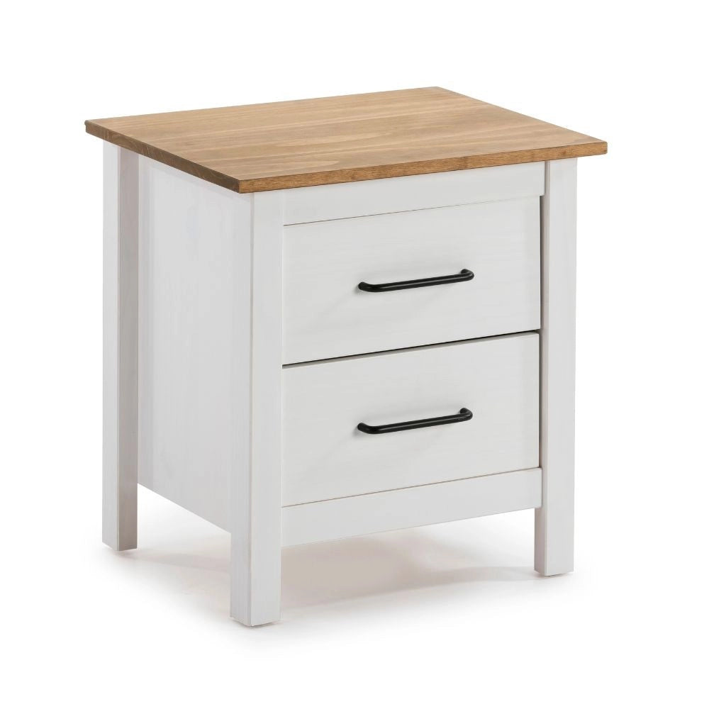 Comodino Miranda bianco con top pino e 2 cassetti in legno massiccio