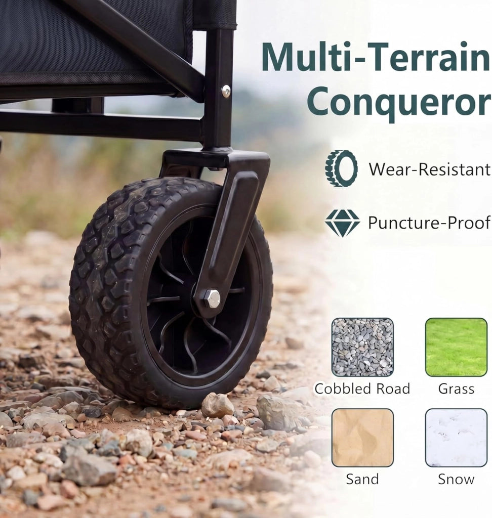 2 in 1 Carrello Spiaggia con Seduta, Carretto Pieghevole con Ruote Grandi e Cuscini Morbidi, Carrello da Campeggio, Giardino e Pesca, in Acciao Resistente, Chiusura Rapida, 80 KG, 85L (Nero)