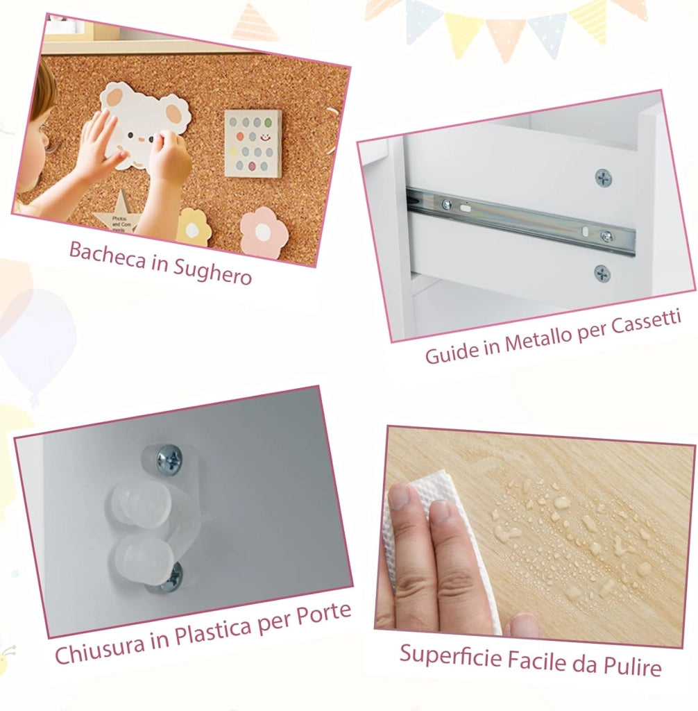 Set Scrivania e Sedia per Bambini 3+ Anni, Tavolo da Scrittura in Legno con Mensole, Cassetto e Bacheca in Sughero, Tavolo e Sedia per Disegno e Studio (Naturale)