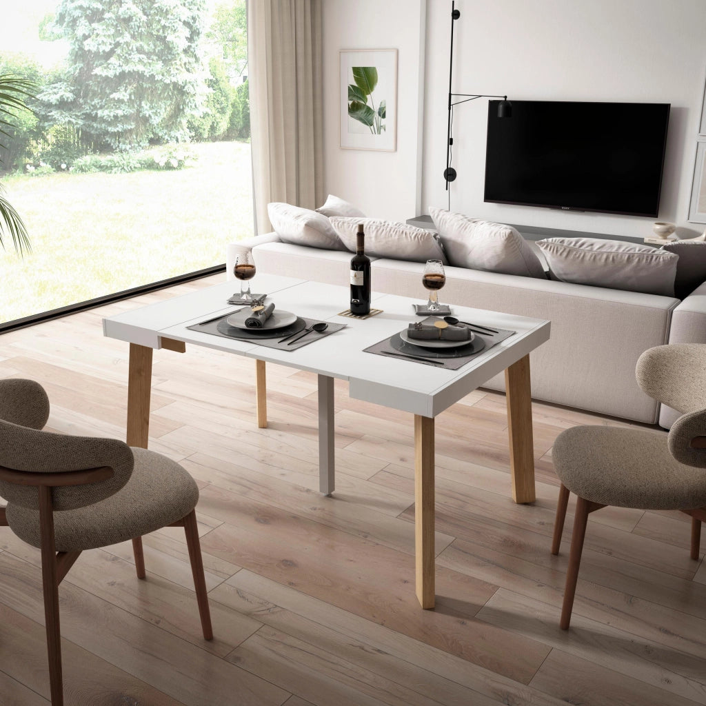 Consolle allungabile, 140x90x73cm, Per 6 persone, Gambe in legno, Bianco RF3135