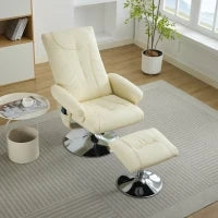 Poltrona relax, reclinabile e massaggiante a 5 punti, con funzione di riscaldamento elettrico e poggiapiedi, girevole a 360°, in tessuto PU, 75x76x103 cm, Beige