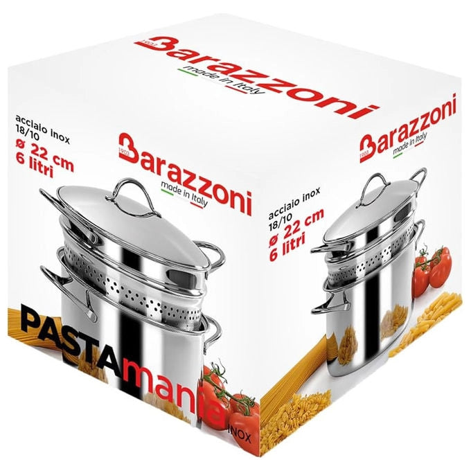 Barazzoni 401049022 Pastamania Spaghettiera Cuocipasta Acciaio Inox 18-10 Fondo Termodiffusore 22 cm 6 lt Induzione