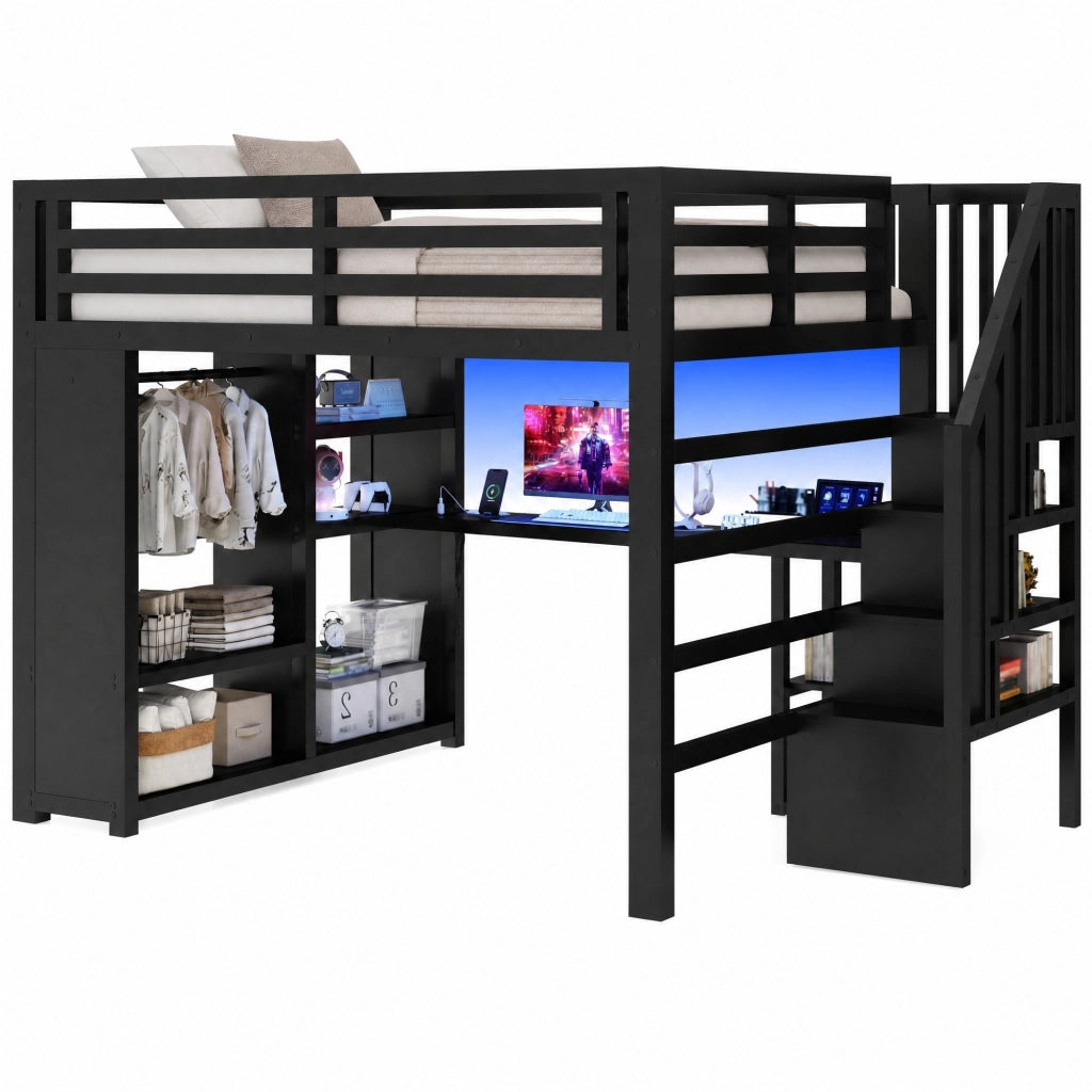 Letto a Soppalco 160x200 cm; Letto Matrimoniale - Scrivania; LED e Armadio in Metallo