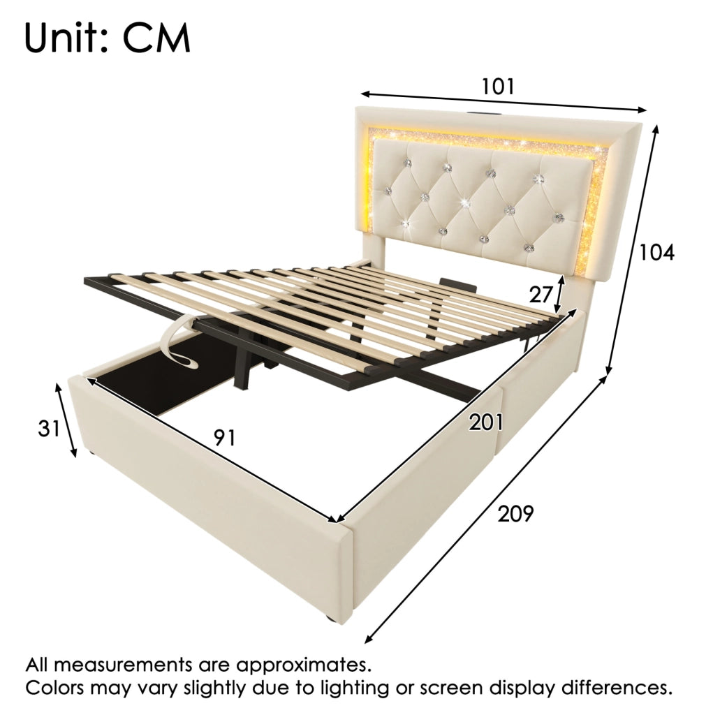 Letto singolo 90x200 cm con contenitore; LED e porta USB C; velluto beige