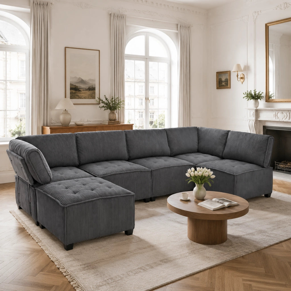Divano modulare ergonomico 6 posti in tessuto a coste grigio; configurabile