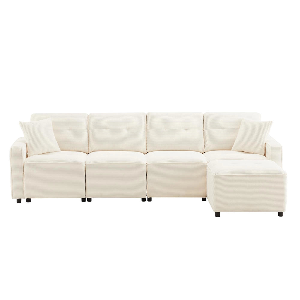 Divano 4 posti in velluto costato - Xylo - 280x146x85 cm - Beige - Con spazio di archiviazione e sgabello incluso