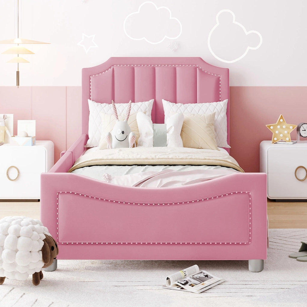 Letto imbottito 90x200 cm convertibile in divano letto; flanella rosa