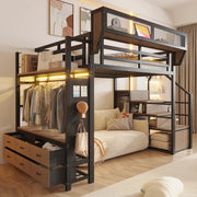 Letto a soppalco 140x200 cm con guardaroba; cassetto in tessuto; cestello removibile; barra appendiabiti e LED; metallo nero