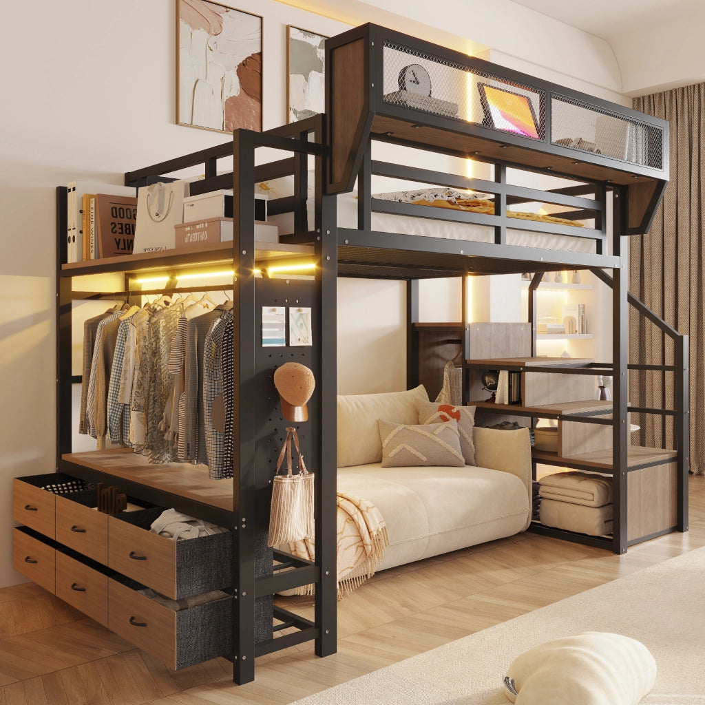 Letto a soppalco 140x200 cm con guardaroba; cassetto in tessuto; cestello removibile; barra appendiabiti e LED; metallo nero
