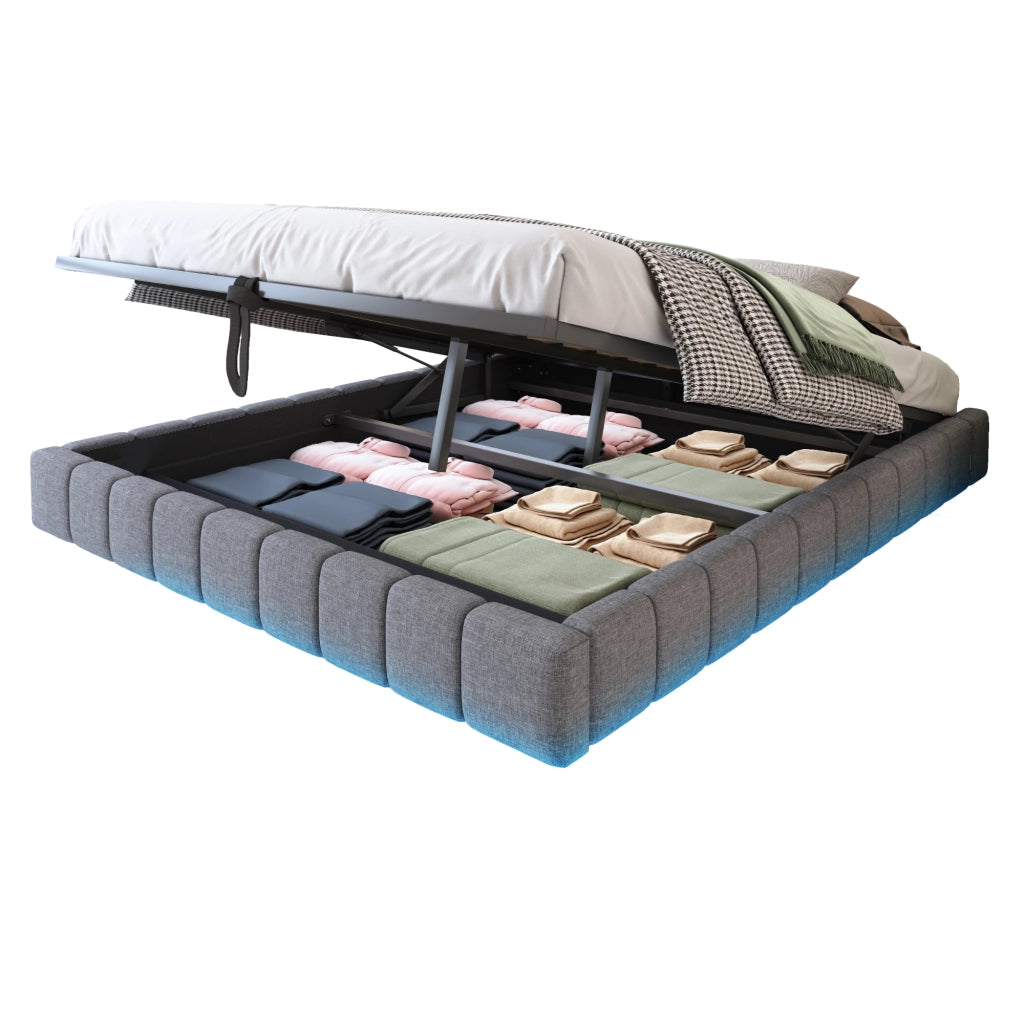 Letti contenitori 160x200 cm; sospeso con LED e contenitore; lino; grigio