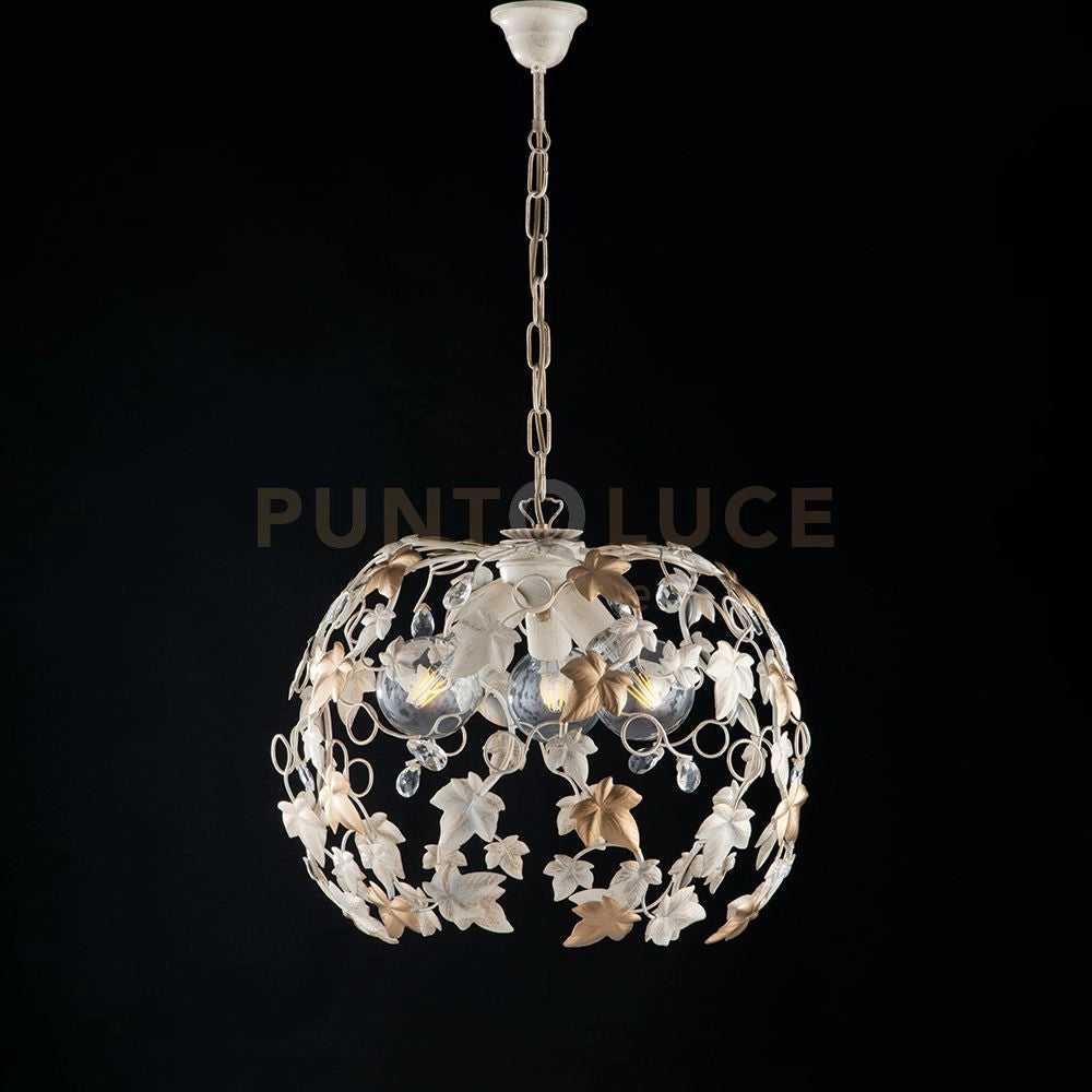 Lampadario in ferro laccato avorio con decorazione oro antico e strass in cristallo 3 luci