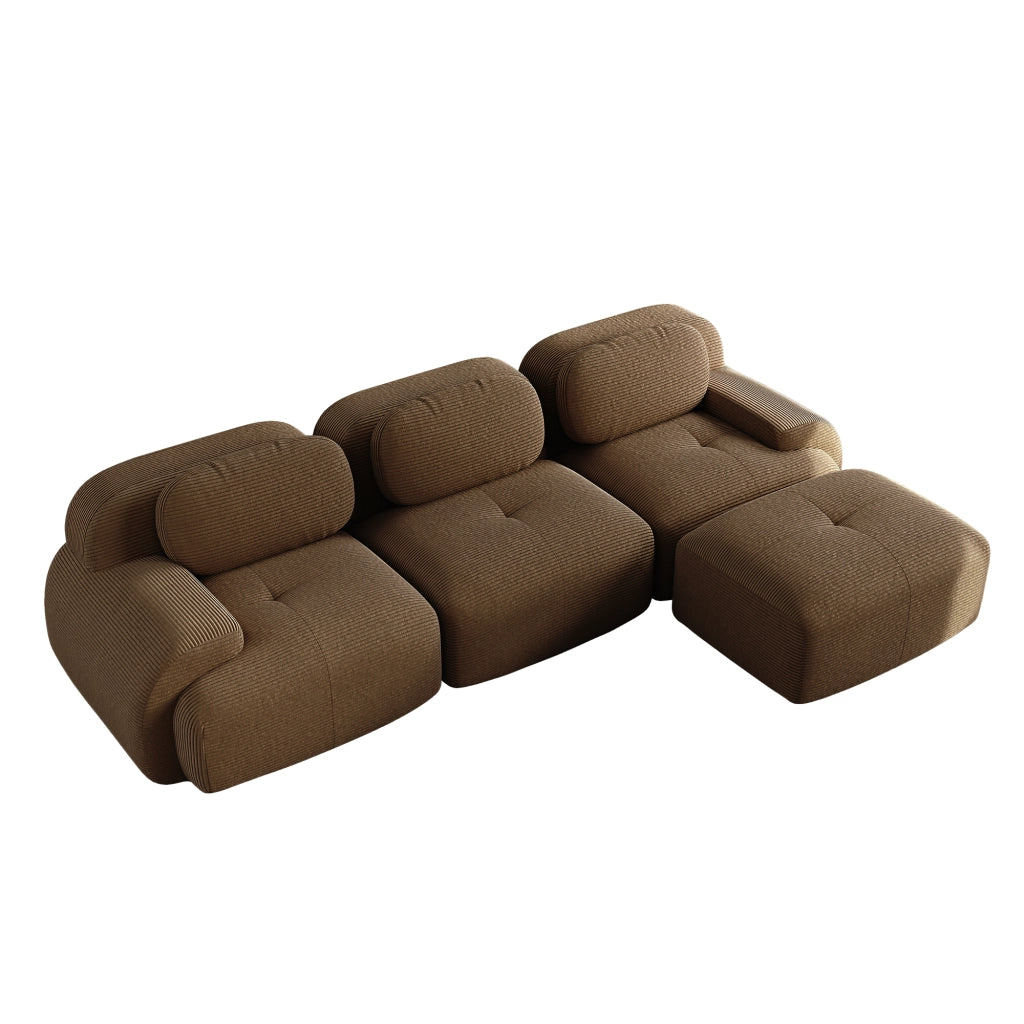 divano angolare modulare senza montaggio; design ergonomico con braccioli curvi; velluto a coste marrone