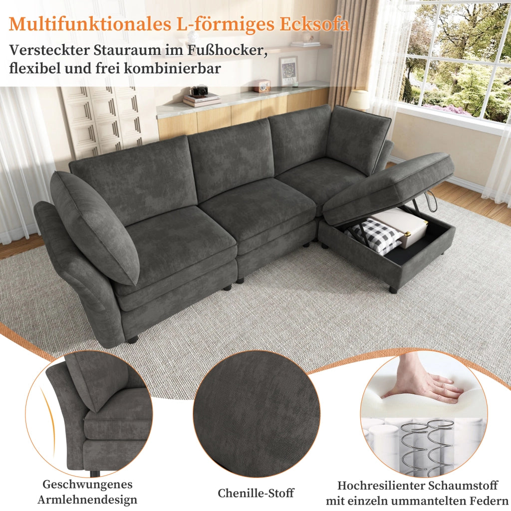 Divano modulare a L con pouf contenitore e cuscini in chenille grigio con braccioli ergonomici 4 5 posti