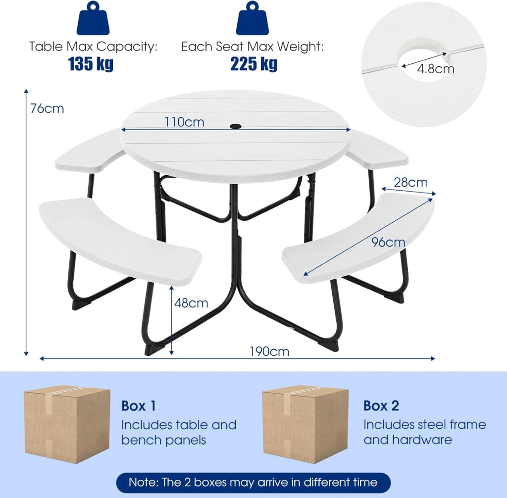 Set di Tavolo da Picnic Rotondo per 8 Persone, Set di Sedie e Tavolo con Foro per Ombrellone, Mobili da Giardino con 4 Panche, in HDPE e Metallo, φ190 x 76 cm (Bianco)