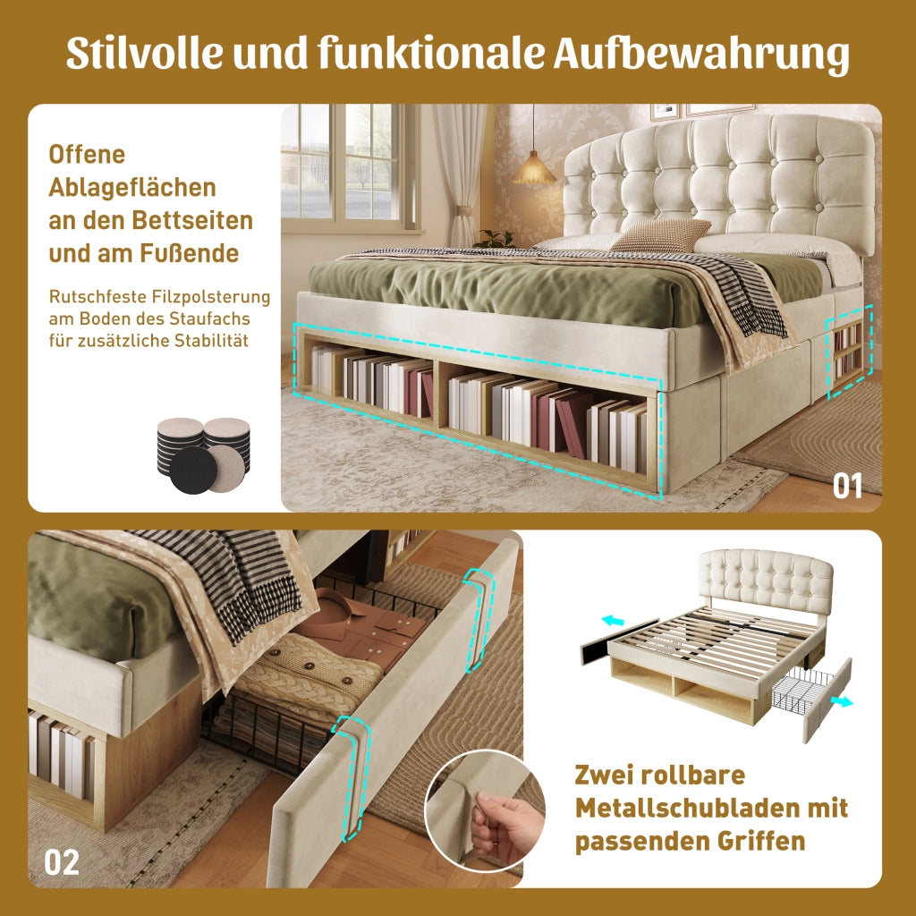 LETTO imbottito 140x200 cm in velluto beige con testiera regolabile e cassetti