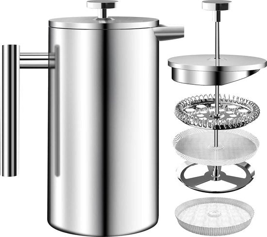 Caffettiera a pistone in acciaio inossidabile 34 oz - Cafetière a doppia parete con isolamento e sistema di filtrazione a 3 livelli in acciaio inossidabile