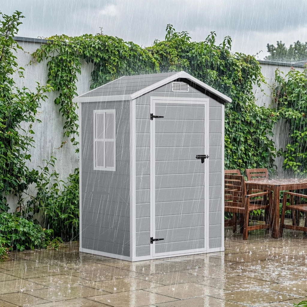 Casetta da Giardino in Resina, Capanno Porta Attrezzi Intemperie con Finestra e Ventilazione, Box Stoccaggio con Serratura per Attrezzi da Giardino, 122 x 92 x 187 cm (Grigio)