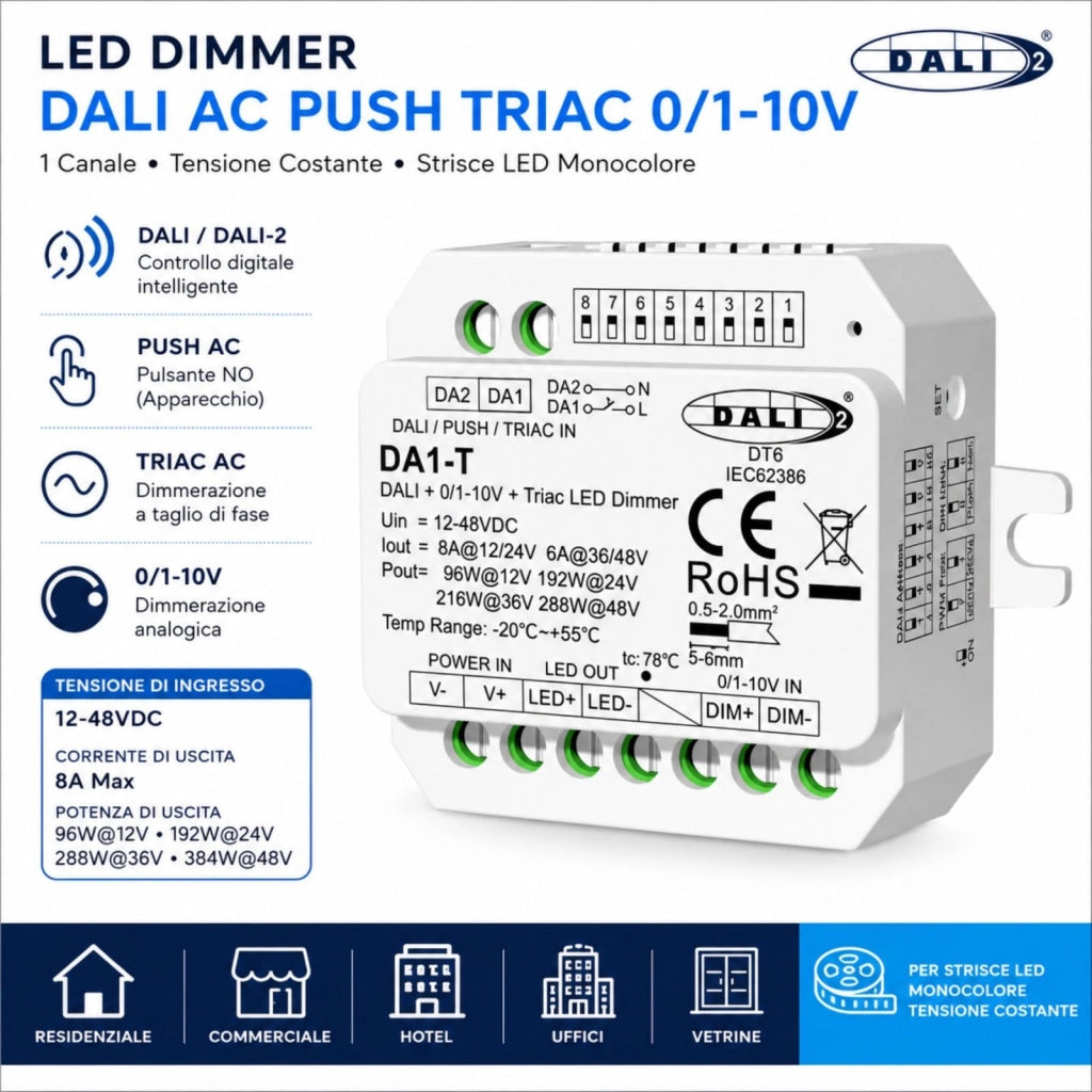 Led Dimmer DALI AC Push Triac 0/1-10V, Pulsante NO, 12V 24V 36V 48V 8A, 1 Canale Tensione Costante, per Strisce LED Monocolore