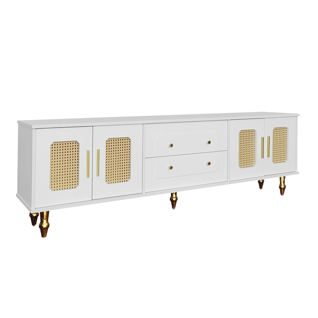 Mobile TV con 4 Ante in Rattan PVC e 2 Cassetti Push-to-Open; Piedini Metallo Dorati; in Pannello Truciolare; Bianco; 175¡Á38¡Á55;5 cm