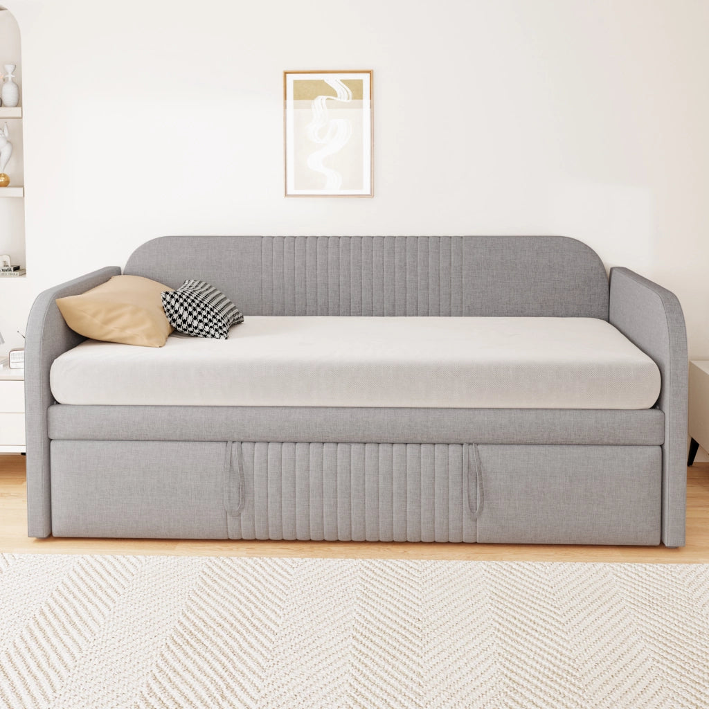 Letto divano estraibile 90/180x190 cm con schienale a righe verticali; rete a doghe e rivestimento in lino grigio chiaro