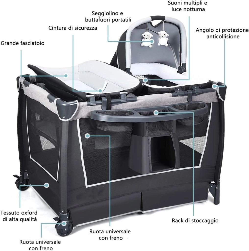 4 in 1 Lettino Neonato da Viaggio Pieghevole con Materasso, Culla da Campeggio con Fasciatoio e Giocattolo, per Bambini 0-36 Mesi fino a 15 kg (Grigio Scuro)