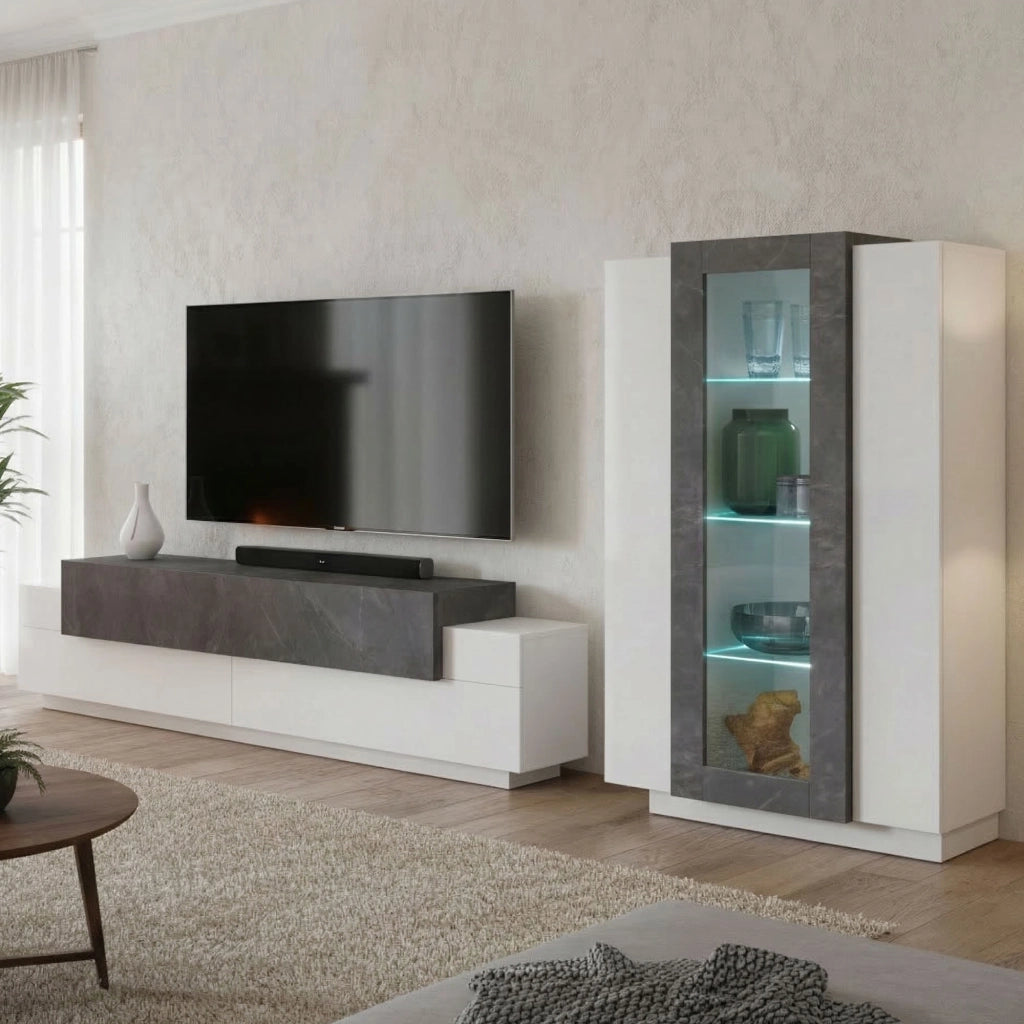 Isaia, Parete Attrezzata Modulabile Made in Italy, 45x280x120h cm Bianco Cemento