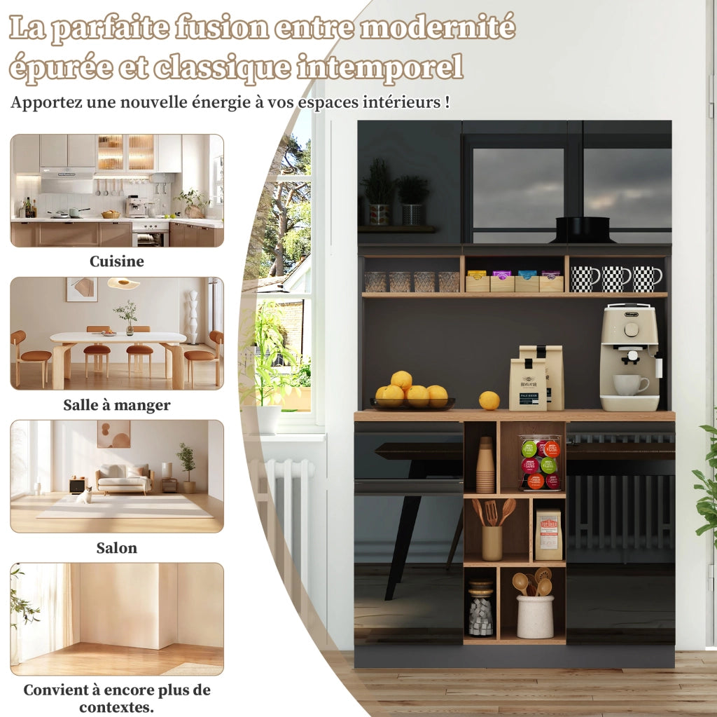 Credenza alta da cucina 105x45x185 cm in MDF antracite e nero lucido con ante e cassetto