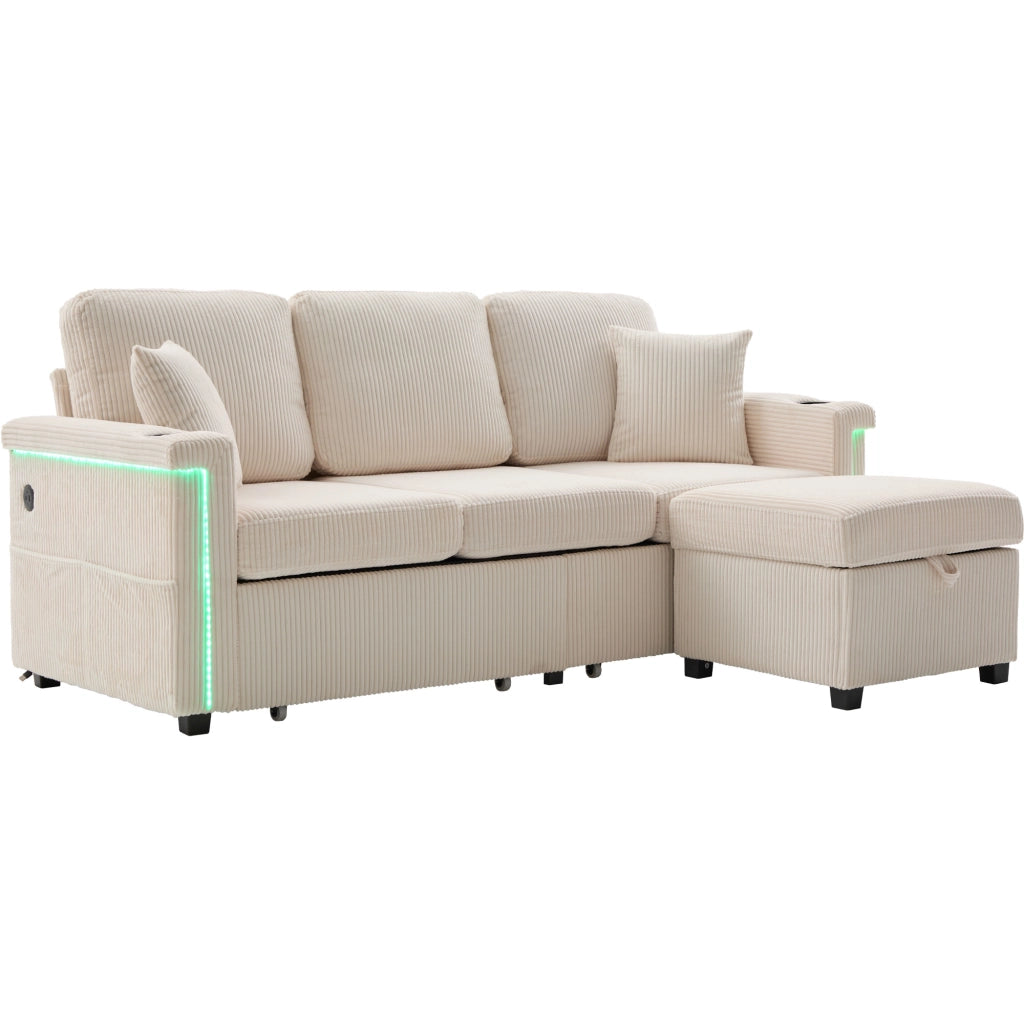 Divano Angolare Modulare con LED; USB e Type-C; Contenitore; Tasche Laterali e Portabicchieri; in Velluto a Coste Beige