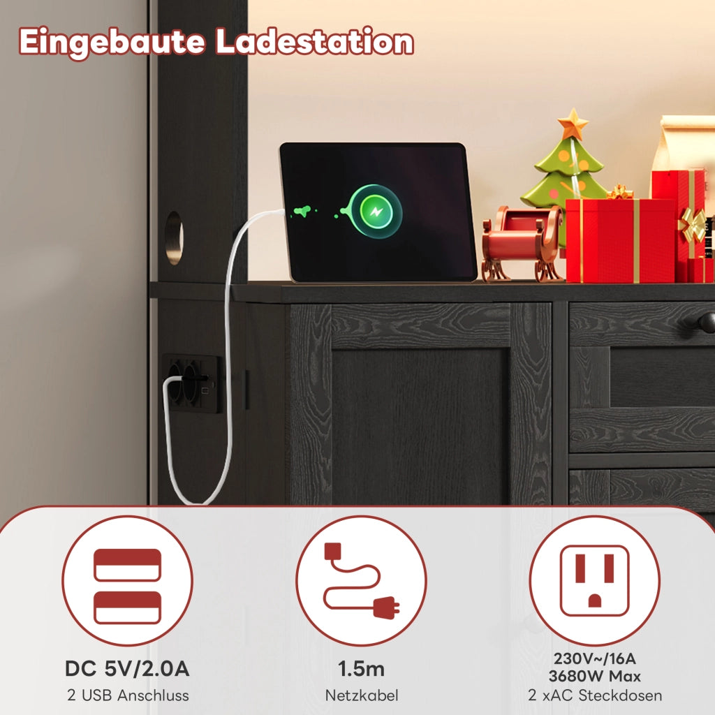 BUFFET 180x105x40 cm Nero in MDF con LED e prese USB