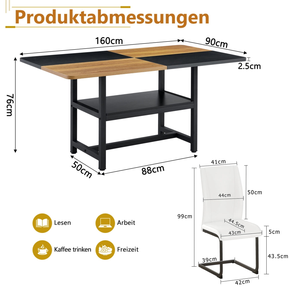 Tavolo da pranzo per 6 persone con ripiano contenitore, 6 sedie, in MDF e metallo, bianco e legno, 160 × 90 × 76 cm