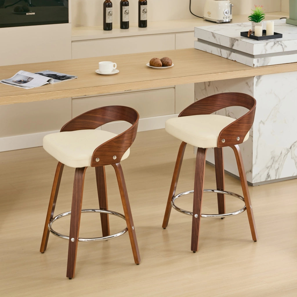 Set di 2 Sgabelli da Bar Girevoli con Schienale Basso e Seduta Imbottita; Stile Vintage; Pelle sintetica e Legno; Beige