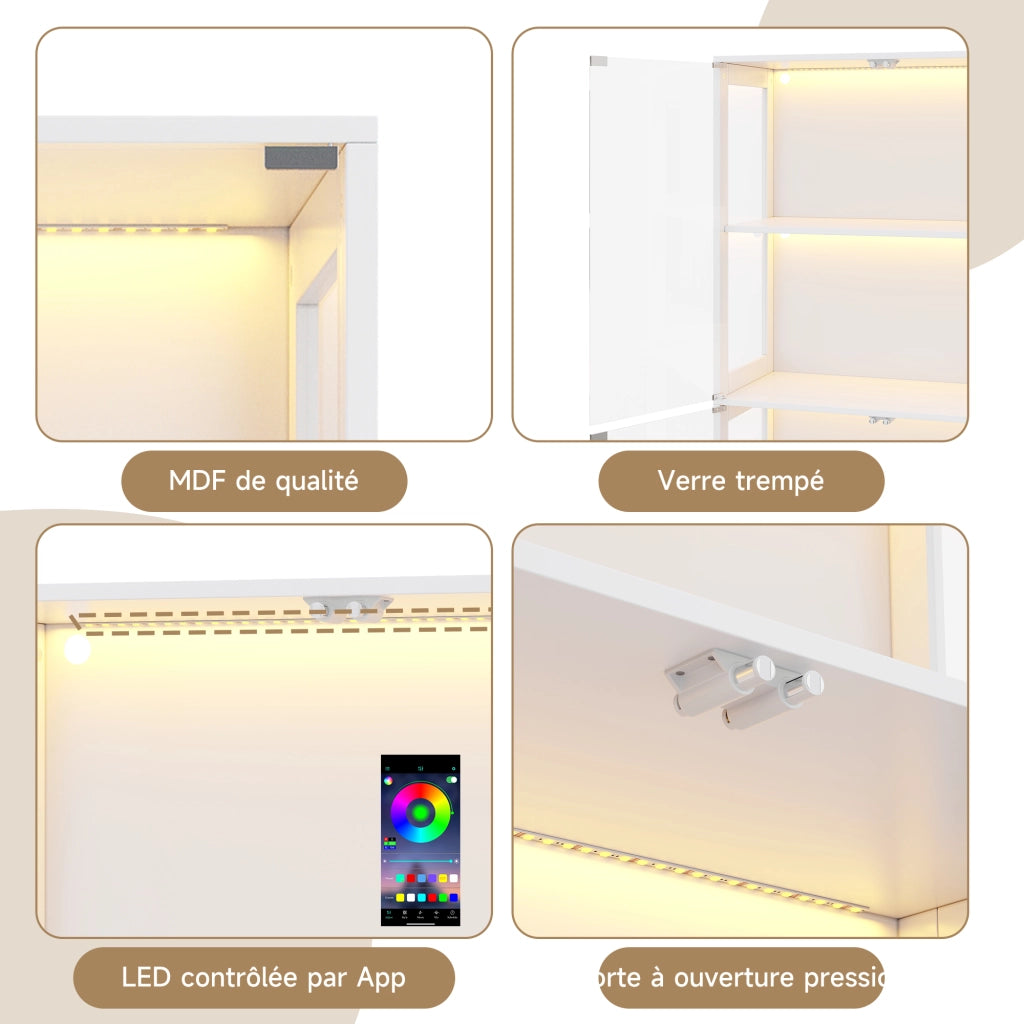 Vetrina con LED da app, 4 ripiani e porte push-to-open, per soggiorno, in MDF e vetro, bianca 80 × 35 × 170 cm