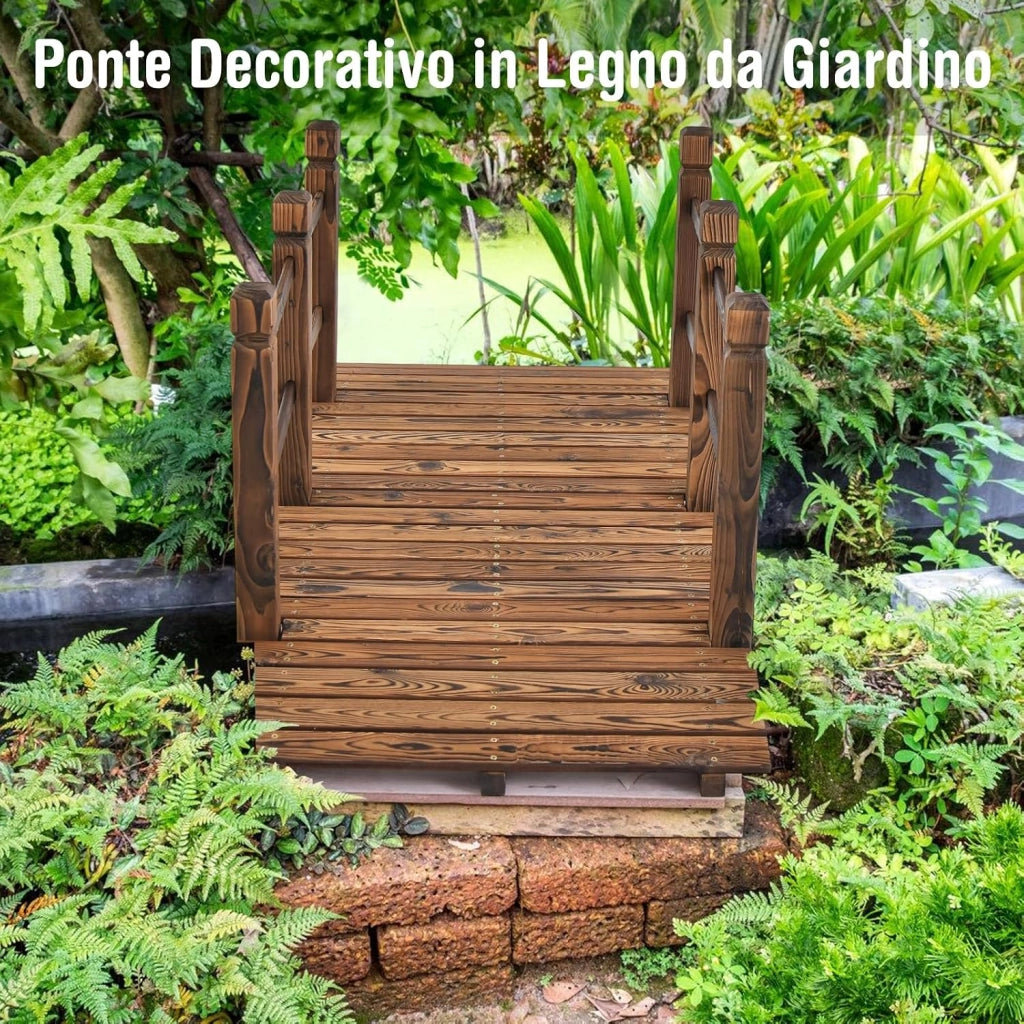 Ponte da Giardino in Legno, Ponte Decorativo ad Arco con Doppie Sbarre di Sicurezza, Struttura in Abete per Percorso Esterno per Cortile, Strada di Ghiaia, Ruscello, Fattoria (Legno)