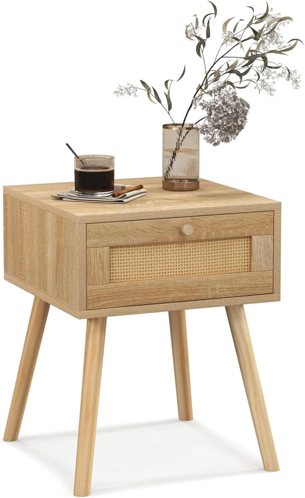 Comodino con porta in rattan, tavolino ausiliario in legno, mobile laterale decorativo con cassetto, per camera da letto, soggiorno, 40 x 40 x 55 cm, naturale