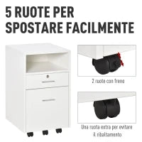 Cassettiera da Ufficio, Cassettiera per Scrivania Portadocumenti e Porta Stampante, 2 Chiavi, Bianca