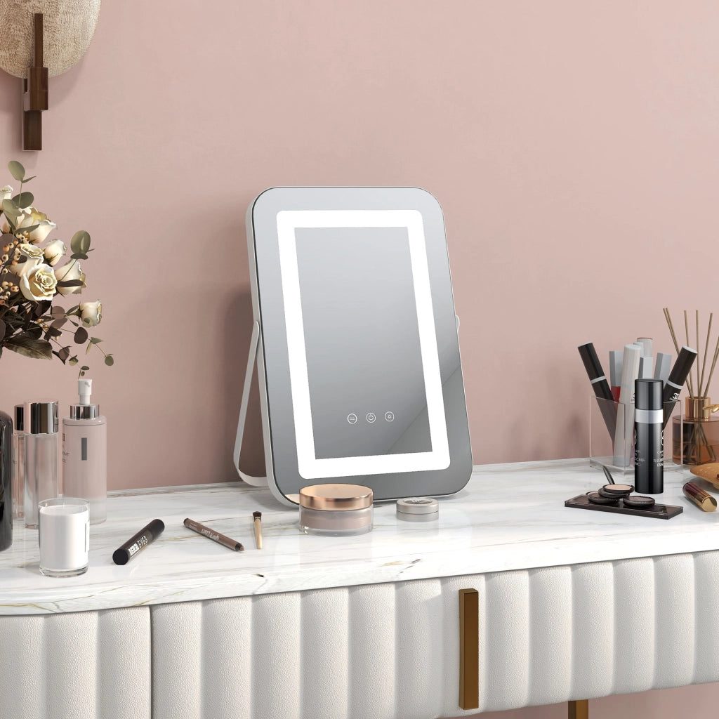 Specchio Trucco Make Up da Tavolo Luci Regolabili 3 Colori USB 31x41,5x3 cm Bianco