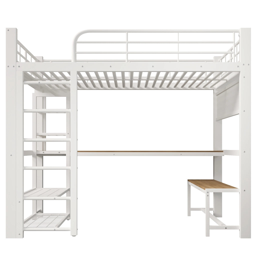 Letto a soppalco 140x200 cm in metallo con scrivania; LED e ripiani; bianco