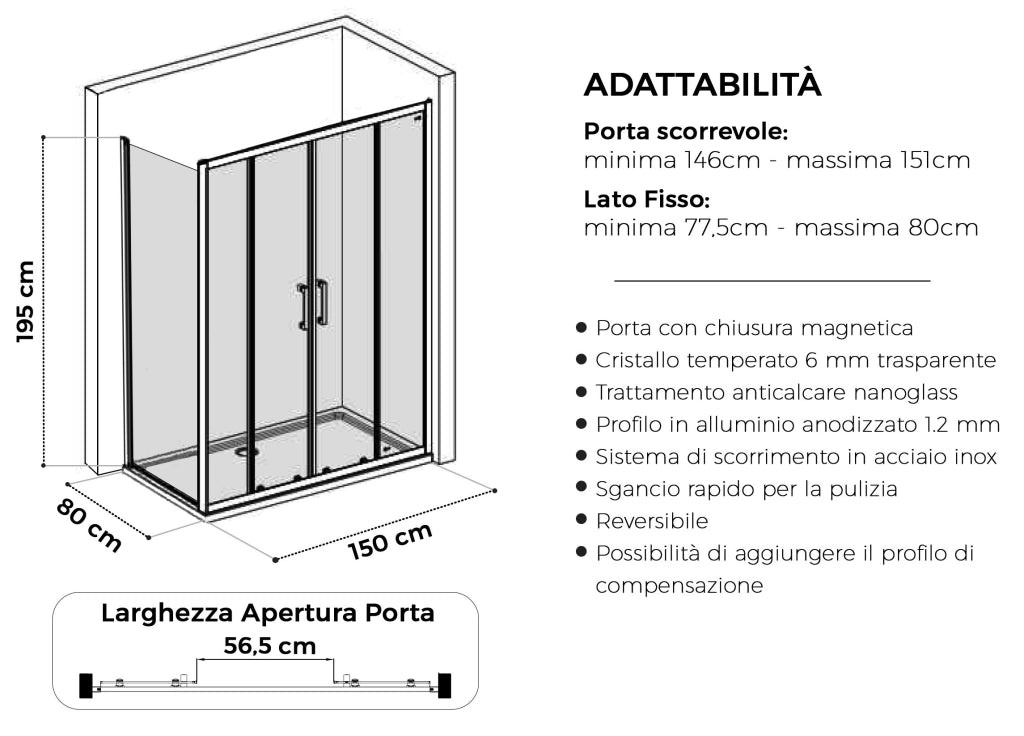 Box Doccia 2 lati 80x150 cm fisso + porta scorrevole apertura centrale H195 cm GAIA Cromato