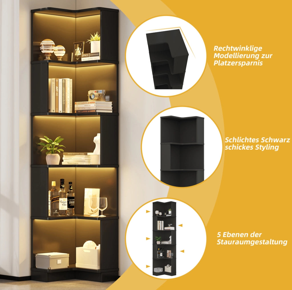 Libreria angolare a 5 ripiani in MDF con LED RGB controllabili tramite app, nera