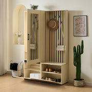 Mobili da ingresso con specchio, panca e 4 ganci, con scarpiera e asta estraibile, in MDF, stile moderno, legno