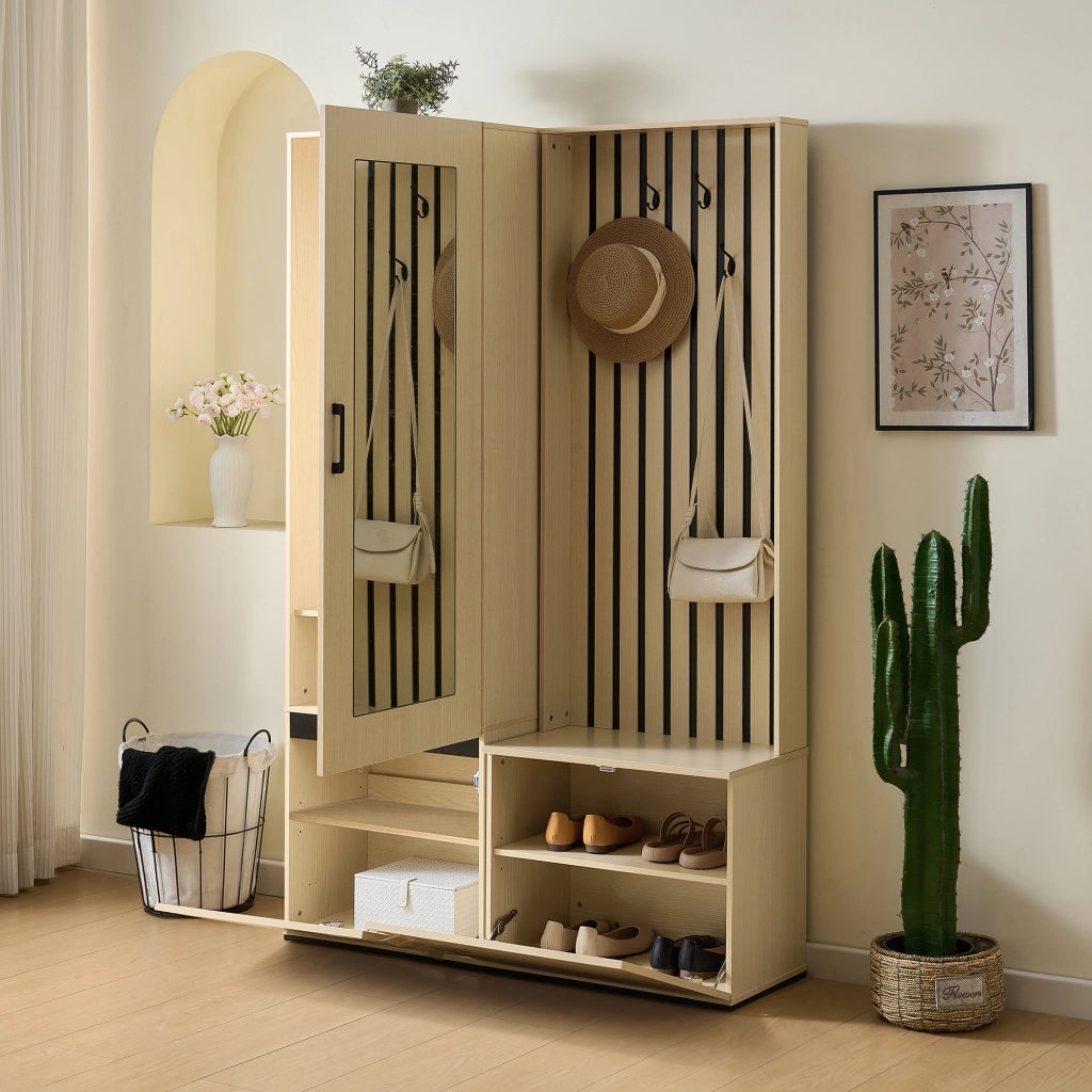 Mobili da ingresso con specchio, panca e 4 ganci, con scarpiera e asta estraibile, in MDF, stile moderno, legno