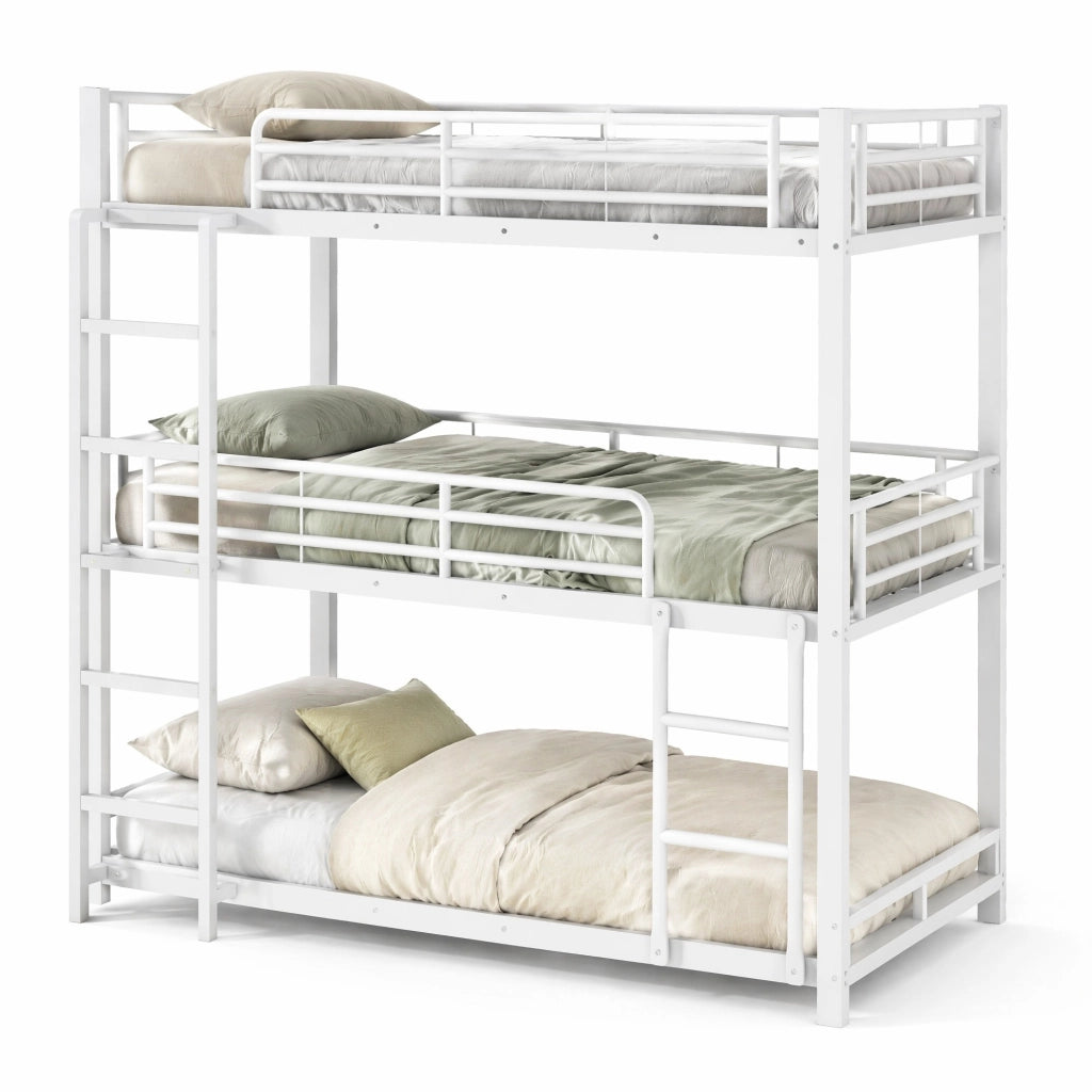 Letto a castello triplo in metallo 90x200 cm bianco, struttura in acciaio, 3 posti