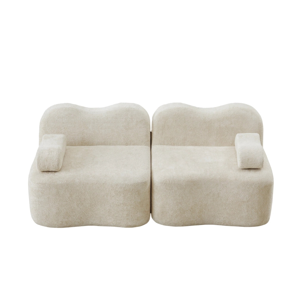 Divano modulare senza struttura interna in velluto beige con pouf collegabile