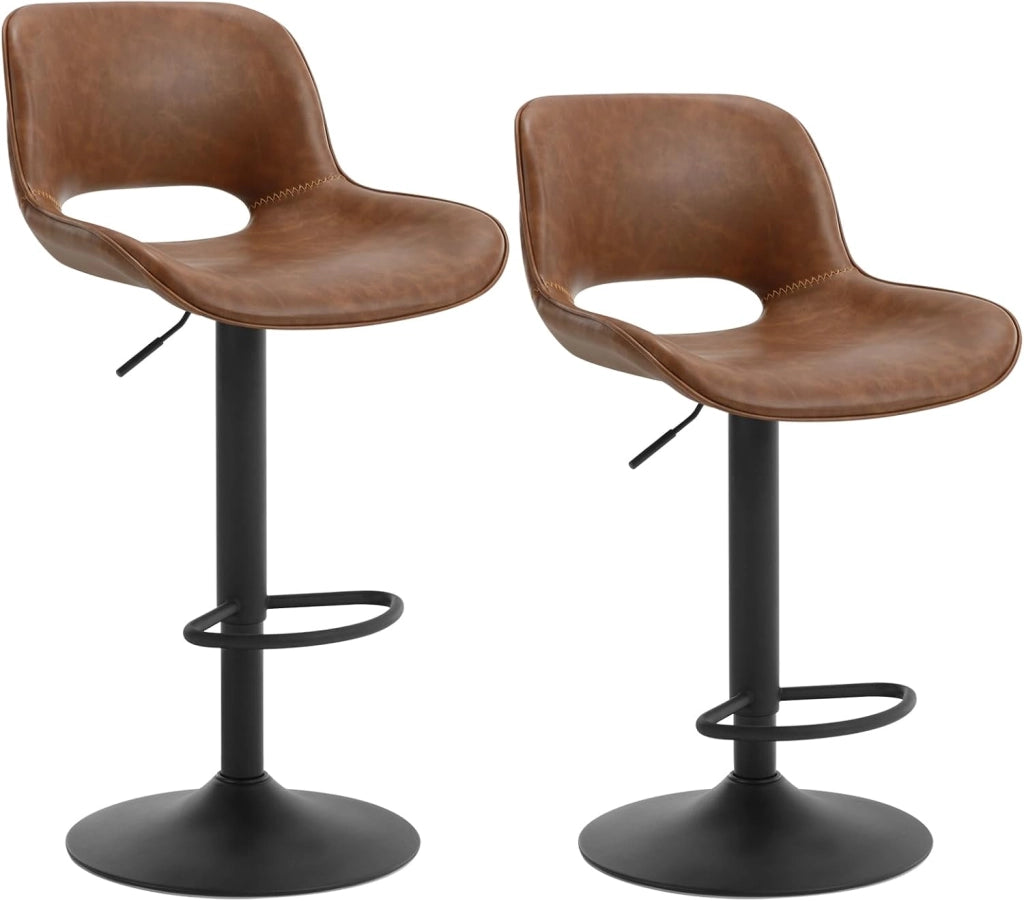 Set di 2 Sgabelli da Cucina, Sedie da Bar in PU, Sgabelli Altezza Regolabile, con Schienale, Seduta Imbottita Girevole a 360°, per Bistrot, Pub, Base in Metallo, Marrone