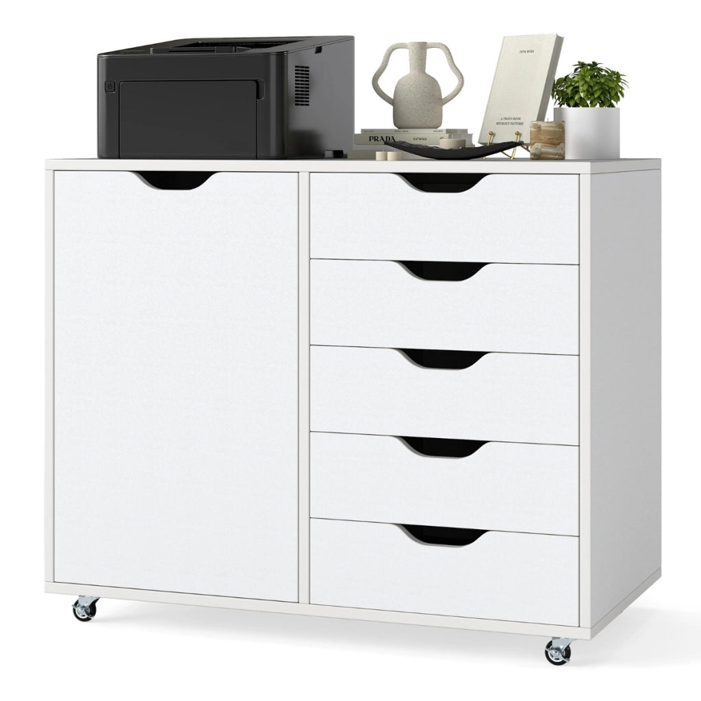 Mobiletto con 5 cassetti e anta per ufficio a casa, Carrello con ripiano regolabile e 5 rotelle Bianco