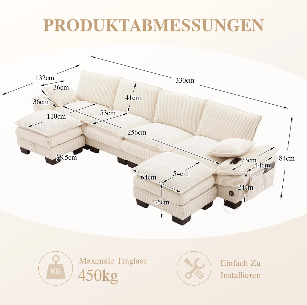 Divano modulare 4 posti in velluto a coste beige con 2 pouf