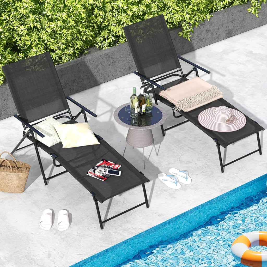 Set di 2 Lettini Prendisole da Giardino, Sdraio Pieghevoli con Schienale e Poggiapiedi Regolabili, in Tessuto Textilene con Braccioli, per Terrazza e Piscina, Portata 150 kg (Nero)