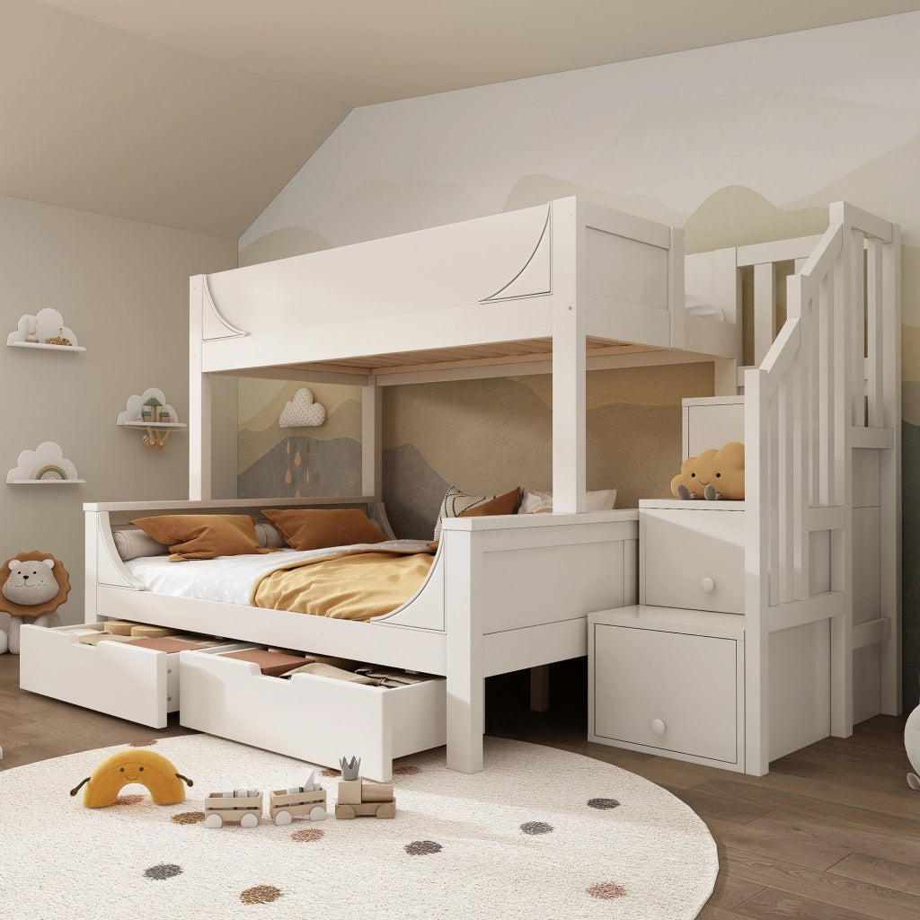 LETTO a castello con armadio scala e cassetti 90x200/140x200 cm bianco