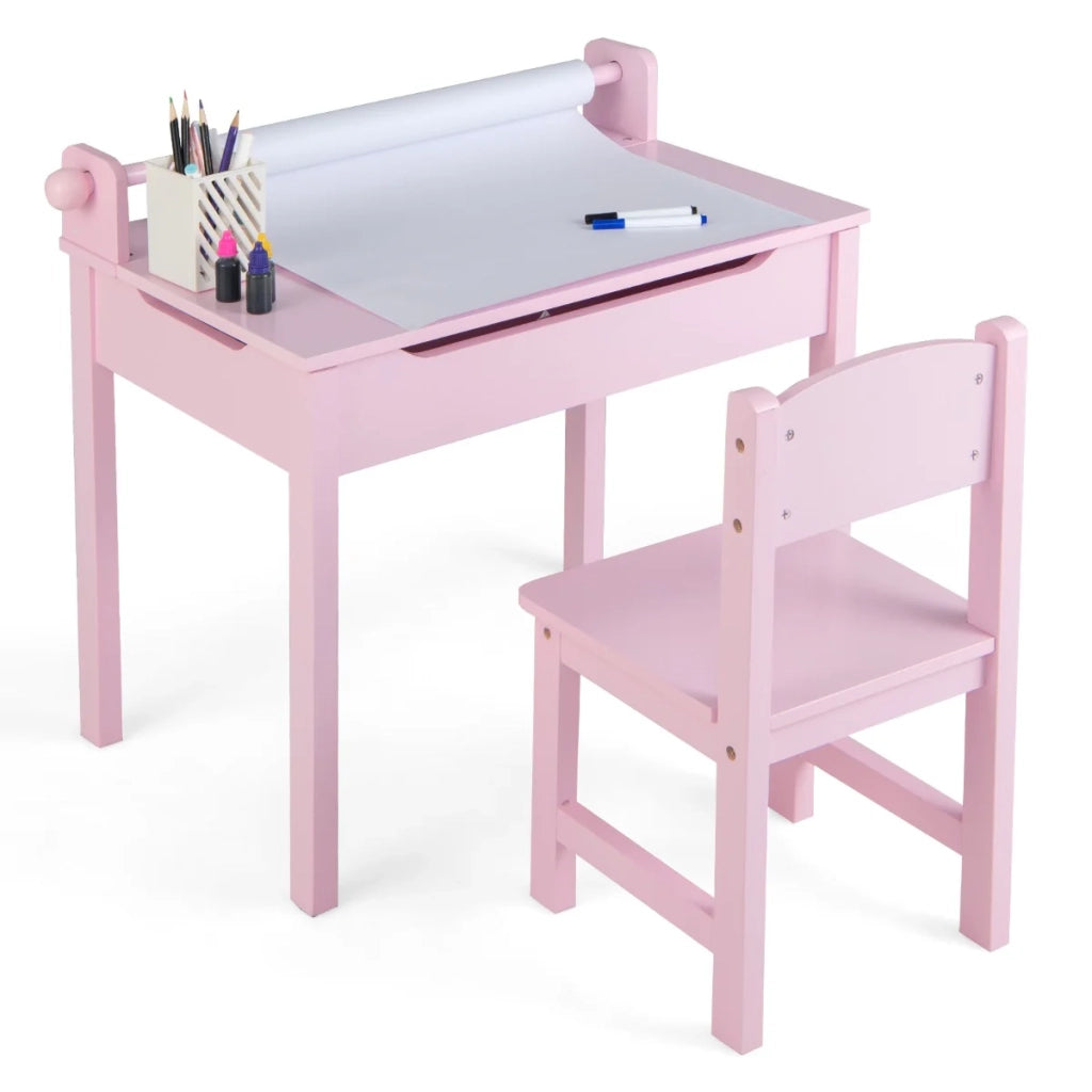 Set scrivania per bambini 60 x 40 x 58 cm con piano pieghevole e sedia ergonomica in legno massello rosa 20_0010942